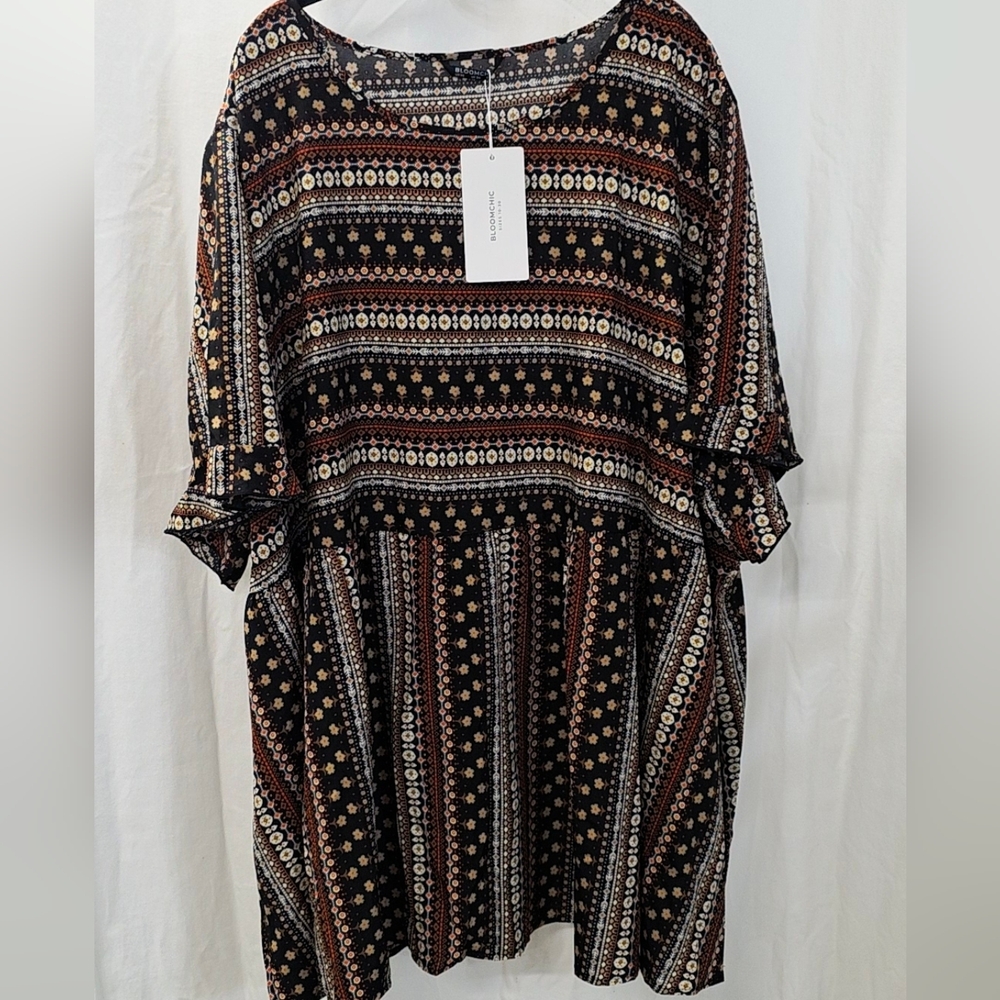 Bloomchic 5x 6x 30 Black Brown Ditsy Floral Geometric Stripe Tunic Top Blouse